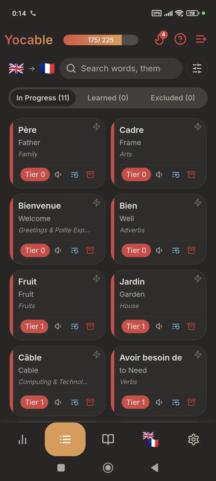 la liste des mots en cours